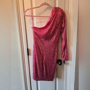 Fashion Nova Pink Glitter One-Shoulder Dress